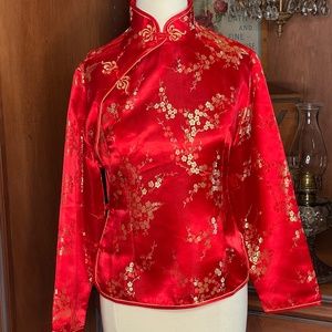 Traditional Oriental Asian Chinese Satin Brocade Top or Jacket- Red/Gold M